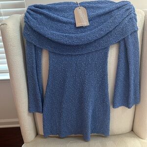 Off-Shoulder Boucle Blue Knit Dress-Periwinkle